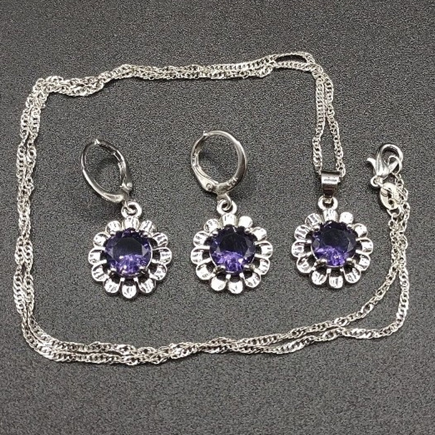 925 Silver Purple Flower Necklace Earrings Set Cz Amethyst Anniversary Birthday 35$